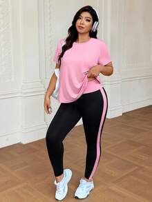 SHEIN Rhythm Era 大码女式纯色短袖上衣和裤子休闲运动套装 - 彩色 - 查看 5