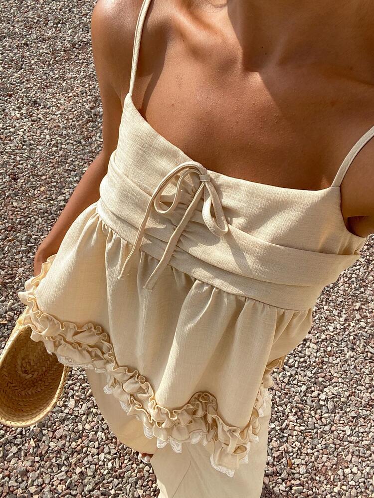 Women's Vacation Casual Lace Trim Ruffle Strap Wide Leg Pants 2 Pieces Set