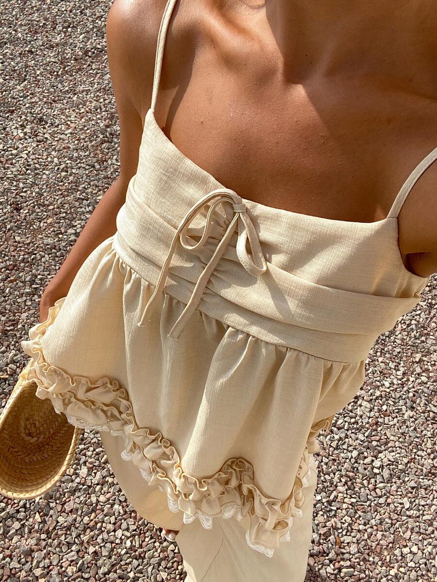 DAZY Women's Vacation Casual Lace Trim Ruffle Strap Wide Leg Pants 2 Pieces Set - Khaki - View 1