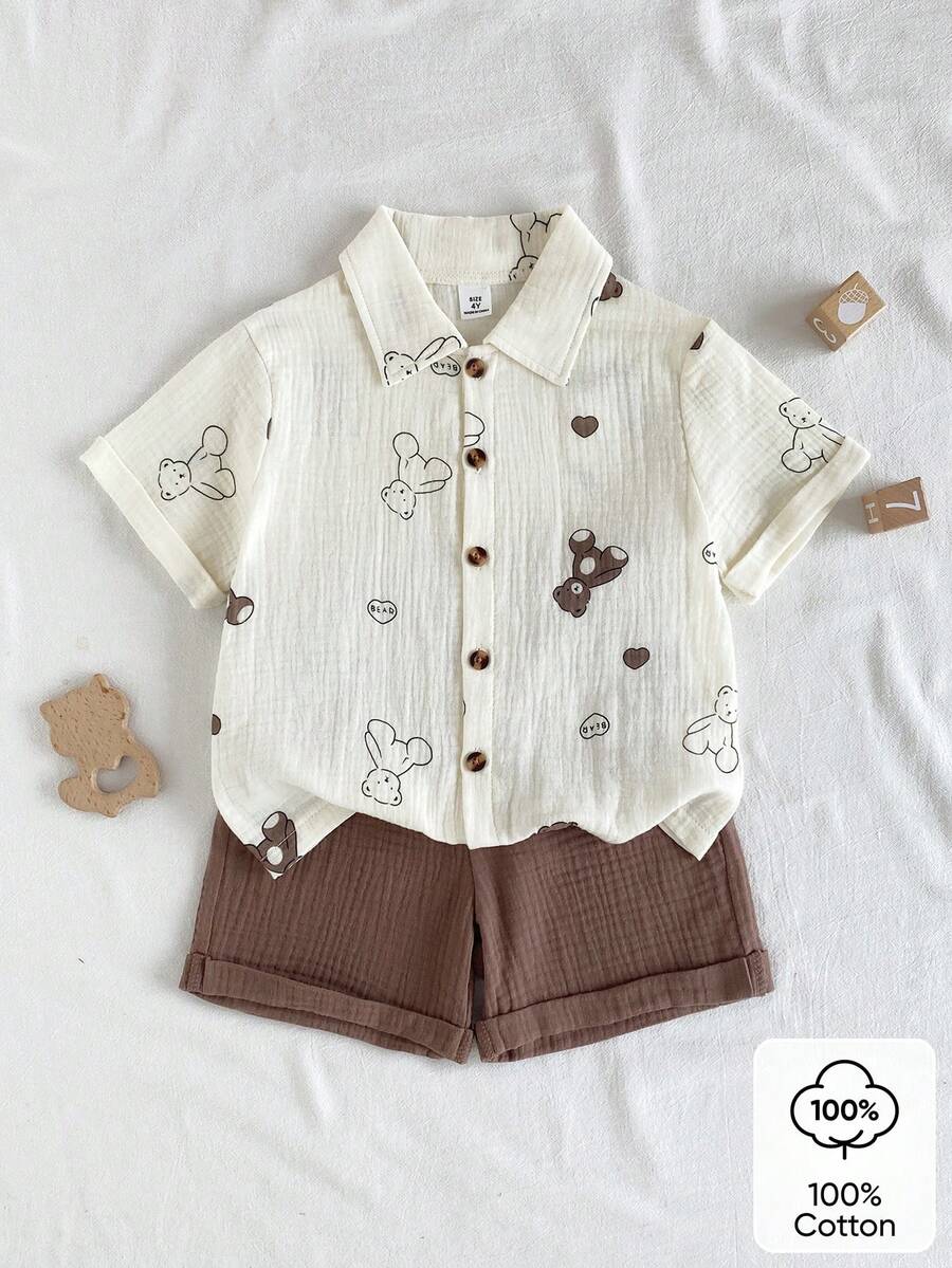 SHEIN Vintaside Kids 2件組小男孩純棉套裝,可愛熊圖案短袖上衣與短褲,柔軟休閒夏季穿搭,適合日常、度假、上學,2026新時尚 - 卡其色 - 查看 1