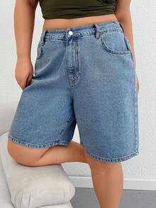 SHEIN Cottnline شورت جينز أزرق داكن عالي الخصر مقاس كبير للسيدات، طراز كاجوال بأزرار أمامية - أزرق متوسط - مشاهدة 6
