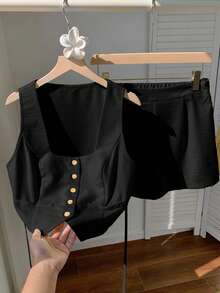 Conjunto de 2 piezas de mujer con cárdigan a rayas color albaricoque y shorts - Negro - Ver 2