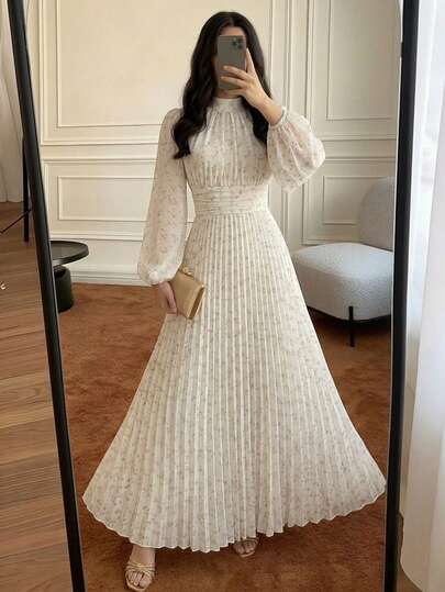 Modelyn Women's Pleated Stand Collar Allover Print Elegant Waist Cinched Long Party Dress