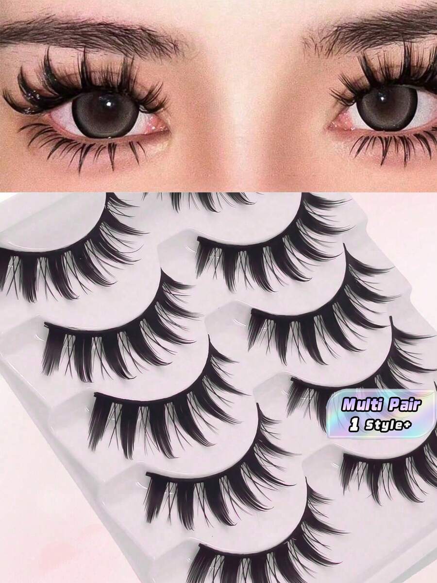5Pairs Anime Cat Eye Fluffy Lashes European Style Multi Pair Set Reusable D Curl Extra Thick Professional Makeup For Cosplay Stage Dramatic Eye Look Easy Application For Beginners - Black - View 1