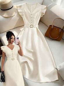 EMERY ROSE Women's Elegant Satin V-Neck Ruffle Armhole Belted Midi Dress, Romantic For Party, Wedding Season, Summer - Apricot - View 6