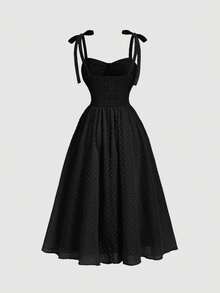 Vestido midi con lazo rojo, tirantes y busto fruncido - Negro - Ver 4