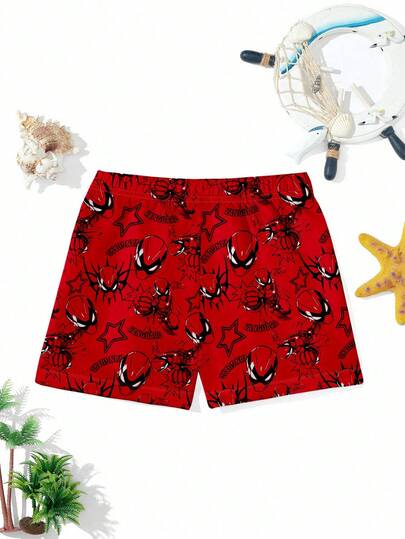 SHEIN Quần short rộng rãi, thoải mái cho bé trai, phù hợp cho mùa xuân và mùa hè, họa tiết nhện cổ điển, họa tiết ngôi sao năm cánh thời trang.