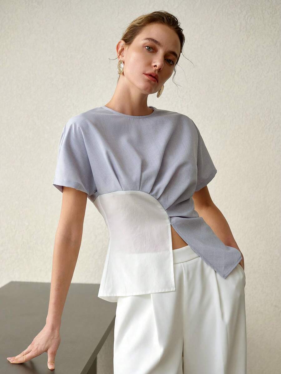 MOTF PREMIUM FRENCH GEOMETRIC PATCHWORK COLORBLOCK COMMUTER CHIC WAIST DESIGN TOP FOR WOMEN - Baby Blue - View 1