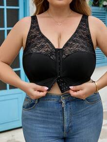 SHEIN CURVE+ Plus Size Women Lace Patchwork Front Closure Casual Everyday Shaping Top - Black - View 3