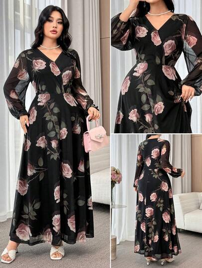 Feyla Plus Size Women Floral Print Lantern Sleeve Elegant Dress