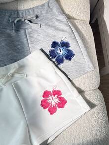 SHEIN 少女休闲热带花卉印花灰白双色针织阔腿短裤两件套，夏季 - 彩色 - 查看 6