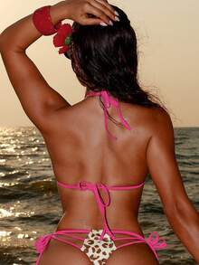 Swim SXY Nuevo conjunto de bikini sexy con estampado de leopardo, escote halter y espalda descubierta, traje de baño de dos piezas con bloques de color para playa y vacaciones - Multicolor - Ver 2