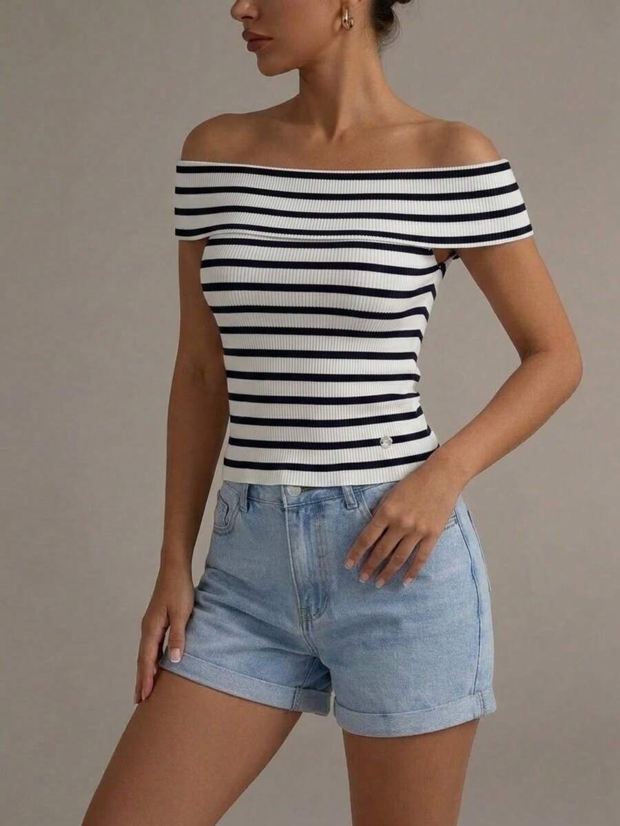 Ribbed Top With Bardot Neckline For Women - 黑與白 - 查看 1