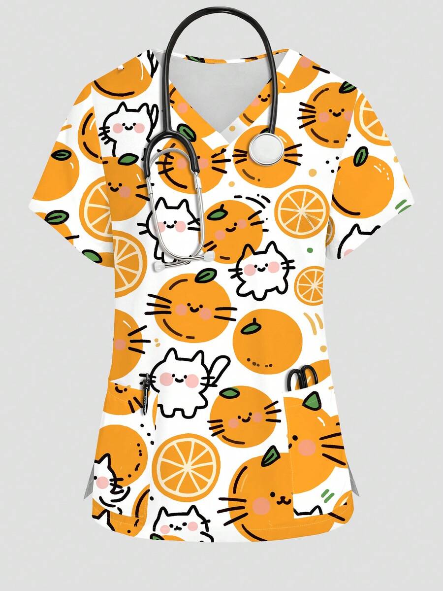 PopScrub Orange & Cat Print Nurse Scrub Uniform Top, V-Neck Short Sleeve Design With Pockets & Side Slits, Cute Scrub Top, Women's Nursing Scrub Uniform - Multicolor - View 1