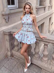 SHEIN Glamour Vacation Style Cherry Print Ruffle Halter Neck Camisole + Loose A-Line Casual Mini Skirt 2-Piece Set - Blue - View 8