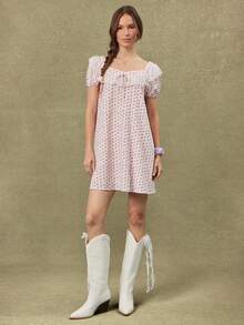 WESTFADE Sweetheart Neck Bow Front Short Puff Sleeve Floral Gingham & Lace Babydoll Pink Mini Dress, Dresses For Women, Plaid Women's Country Style Female Look - Pink - View 5