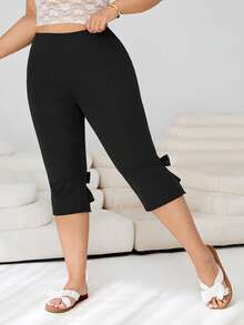SHEIN EZwear Quần lửng nữ cỡ lớn màu đen kiểu dáng thường ngày, có nơ trang trí. - màu đen - Xem 3