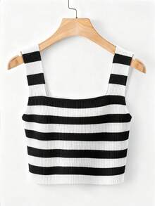 Franclia Women's Summer Black And White Striped Knit Vest, Casual Vacation Ribbed Sleeveless Wide Strap Short Camisole, Minimalist Daily Festival Outfits - Black and White - View 2