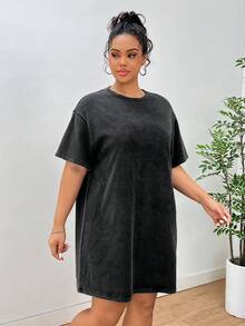 SHEIN EZwear 大码女式休闲宽松酸洗复古T恤连衣裙，百搭日常穿着，适合返校季、夏季至初秋穿着 - 黑色 - 查看 3