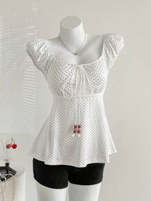 SHEIN EZwear Neuer Sommer Retro Französischer süßer Polka Punkt Quadrat Kragen Spitze Patchwork Schleife Vorne Casual T-Shirt für Frauen - Weiss - Übersicht 5