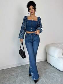 SHEIN Elenzya 2pcs/Set Women Stylish Denim Outfit, Long Sleeve Cold Shoulder Top And High Waist Pants - Medium Wash - View 4