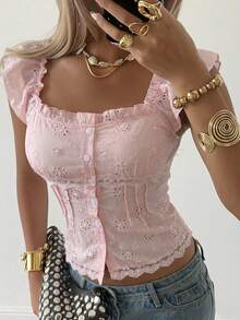 SHEIN Women's Elegant And Casual Y2K Pink Square Neck Ruffle Sleeve Hollow-Out Blouse, Women's Summer Top, Elegant Party Top, Women's Music Festival Outfit, Women's Elegant Top, Women's Casual Shirt, Pink Hollow-Out Topwork Tops For Women,Graduation Season Attire, Fashionable Casual Commuter Wear, Business Office Wear, Versatile And Stylish Everyday Casual Wear, Urban Teacher's Professional Attire,Sports,Luxury,Formal,Work Outfits For Women,Country Concert Outfit - Pink - View 1