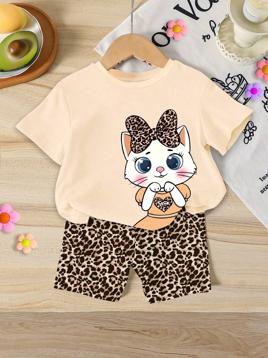 Summer Baby Girl Casual Multi-Piece Set, Brown & Apricot Leopard Print Cartoon Rabbit Pattern, Round Neck Short Sleeve T-Shirt & Shorts - Multicolor - View 1