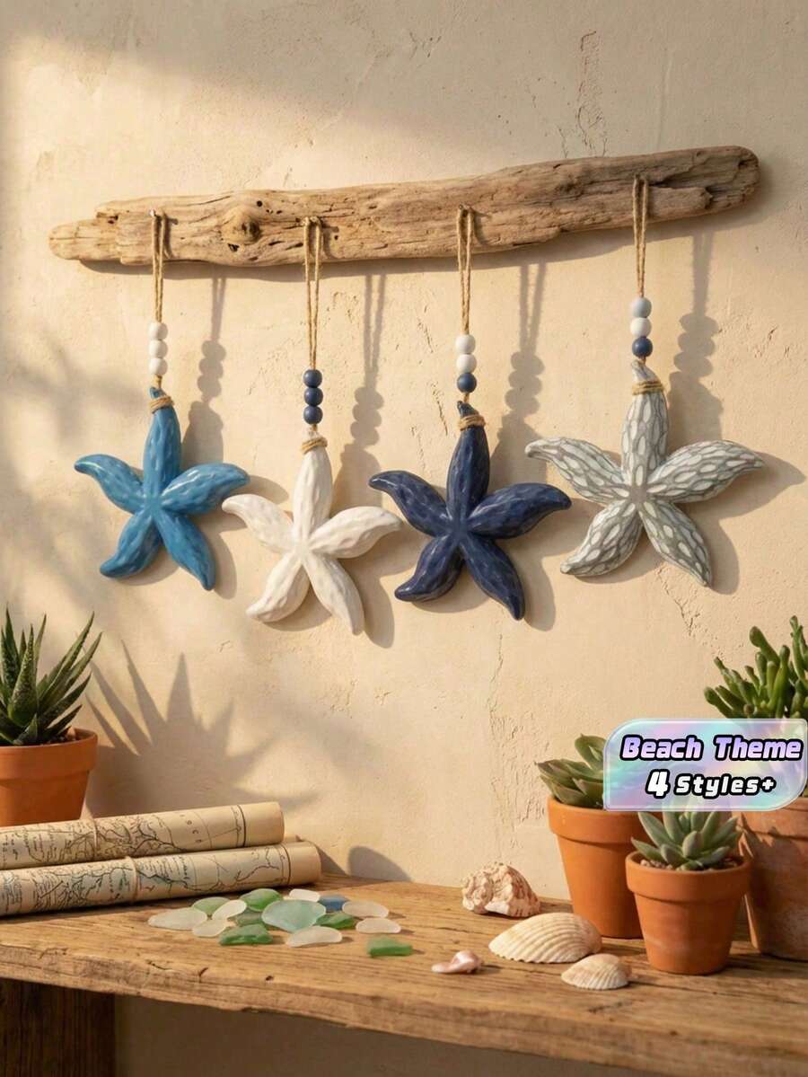 Cirelle 手工木制海星挂饰 - 地中海海岸风情墙饰，适用于门、玄关和客厅，乡村海滩主题