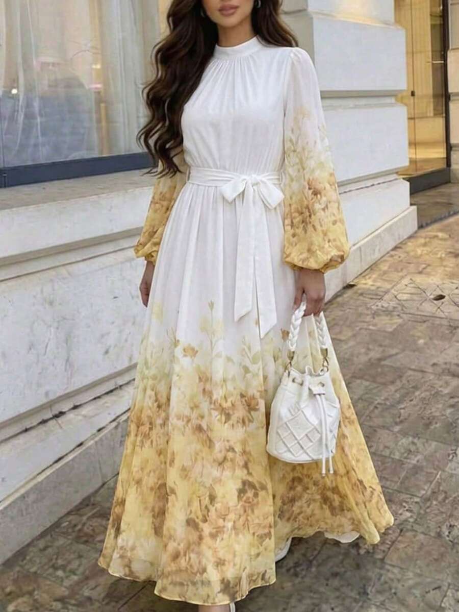 Modelyn Vestido largo de manga larga con estampado floral elegante para mujer