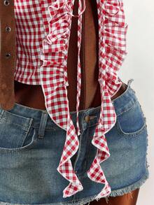 Amplova Vacation Plaid Front Tie Waist Cropped Shirt For Women Picnic Outfits For Women Tops For Women Summer Cute Latest Tops For Women New Arrivals - Red and White - View 6