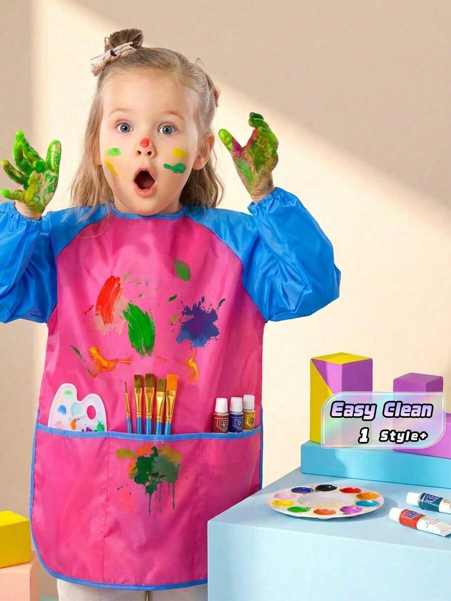 1件防水长袖儿童绘画围裙，节日礼物/圣诞礼物 - 粉色 - 查看 1