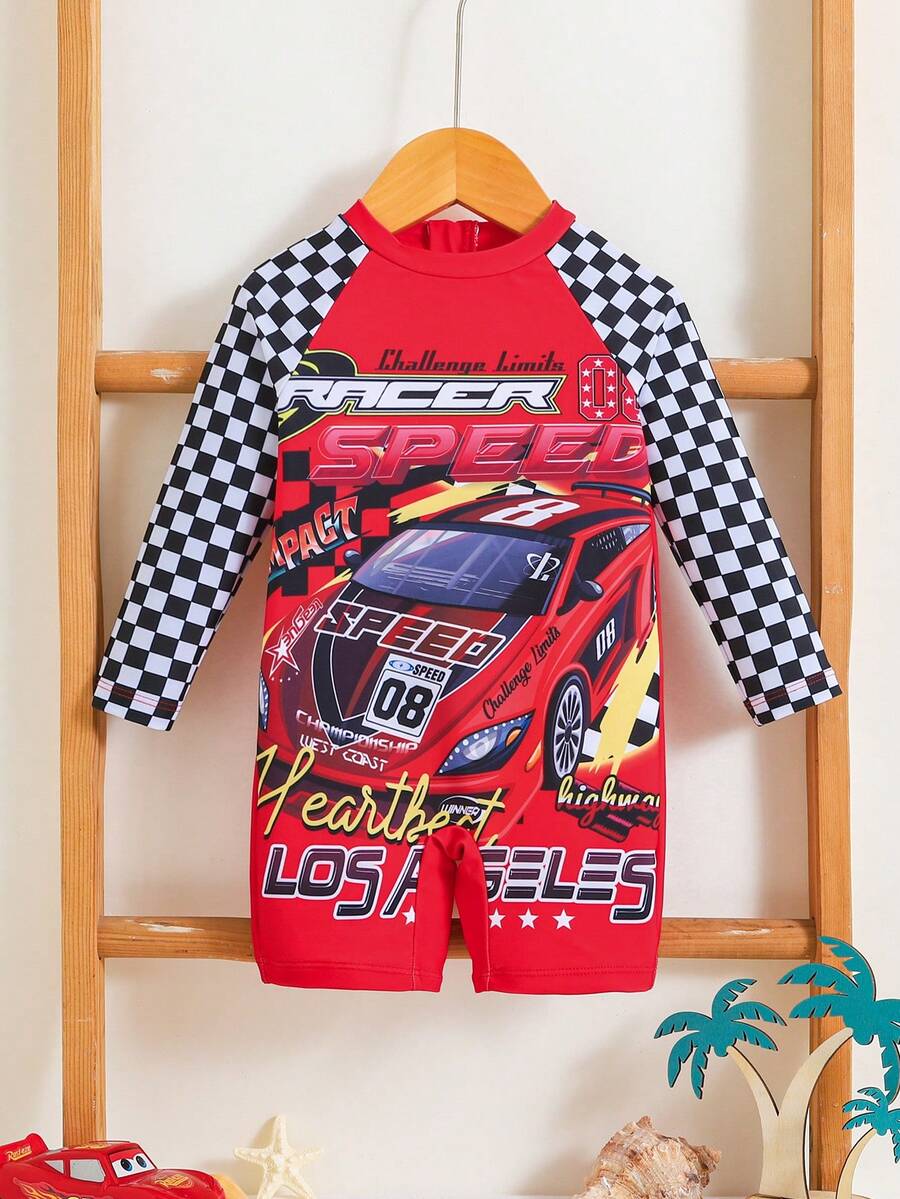 男婴格子印花长袖泳衣，休闲度假款 - 彩色 - 查看 1