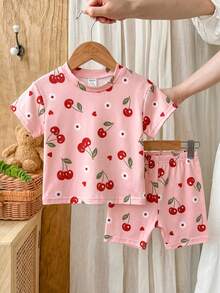 SHEIN Vintaside Kids Ensemble t-shirt imprimé simple et à la mode à col rond et sans manches pour bébé fille d'été, assorti à des shorts décontractés simples et polyvalents, convenant aux loisirs quotidiens, aux jeux de plage ou aux promenades au parc - Rose bonbon - Voir 8