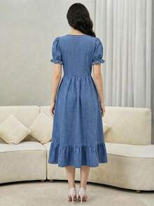 Elegant Vacation Seaside Boat Neck Puff Sleeve Bowknot Decor Waist Dress,Teen Girls Light Green Modest Dress Long Modest Dresses For Girls And Ladies Teen Modest Dress,Suitable For Spring And Summer,Season Vintage//Beach/Sea/Elegant Graduation Outfit,Casual Women's Jumpsuit,Summer Holiday Outfits ,Spring Clothes Outfit,Beach Outfits For Women,Vacation Outfits Women,Valentine's Day Outfit - Medium Wash - View 4