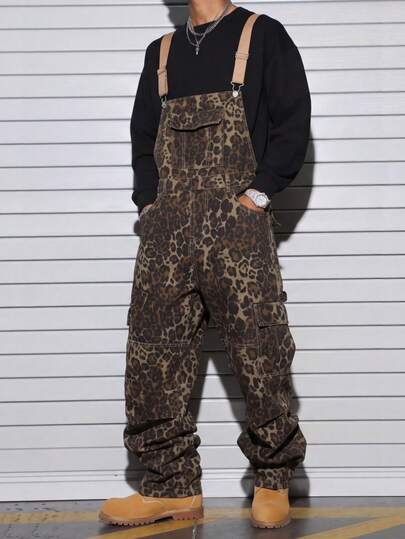 Manfinity EMRG 2026 New Arrival Unisex Casual Distressed Leopard Camo Print Multi-Pocket Washed Denim Bib Overalls, Versatile Streetwear