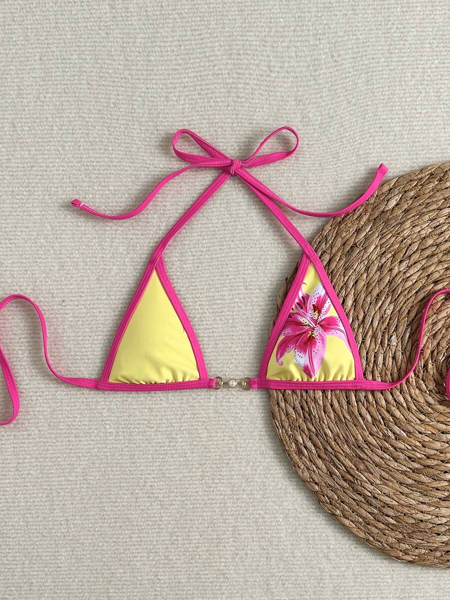 Swim Vcay Frauen Schwimm SXY Neuankömmling bedruckter Kontrast Farbe Spaghetti-Träger rückenfreies Mikro-Dreieck sexy Crop Top mit Metallperlen Dekor - Verschiedenfarbig - Übersicht 1