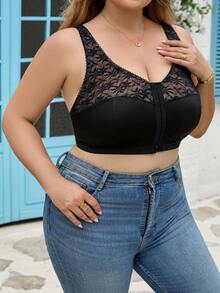 SHEIN CURVE+ Plus Size Women Lace Patchwork Front Closure Casual Everyday Shaping Top - Black - View 5