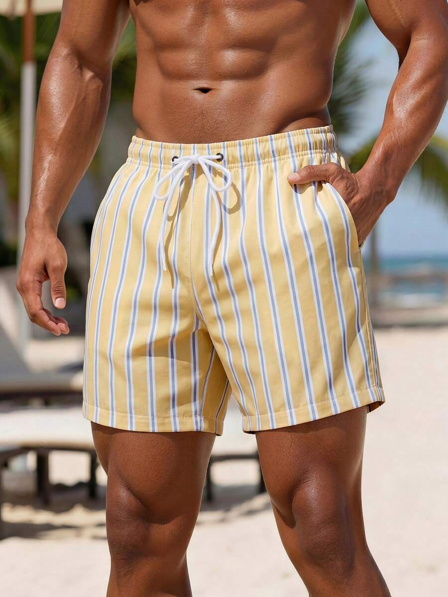 Manfinity KASUA Quần short nam kẻ sọc, túi xéo, eo dây rút, kiểu dáng casual đi biển. - trắng - Xem 1