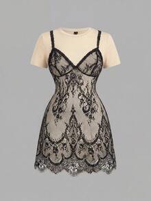 SHEIN MOD Plus Size Lace 2 In 1 Black & White Mini Dress - Apricot - View 5
