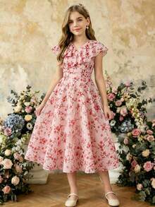 SHEIN Elladie kids Đầm dạ hội thanh lịch tối giản cho bé gái tuổi teen, cổ chữ V, tay bồng, không tay, eo cao, dài ngang gối, chất liệu chiffon màu xanh trơn, thích hợp cho lễ tốt nghiệp/đám cưới mùa hè. - Hồng - Xem 6