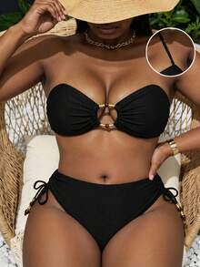 Slaydiva Plus Size Women Casual Swimwear Set With Drawstring Shorts, Suitable For Holiday - Black - View 1