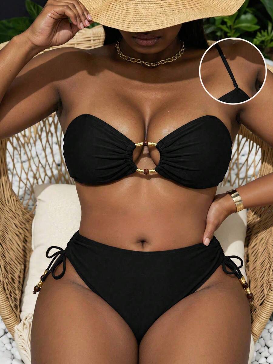 Slaydiva Plus Size Women Casual Swimwear Set With Drawstring Shorts, Suitable For Holiday - Black - View 1