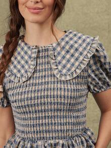 WESTFADE Embroidered Gingham Oversized Collar Short Puff Sleeve Smocked Ruffle Peplum Top, Women's Plaid Blouse, Female Shirt, Country Style, Blue And White - Baby Blue - View 3