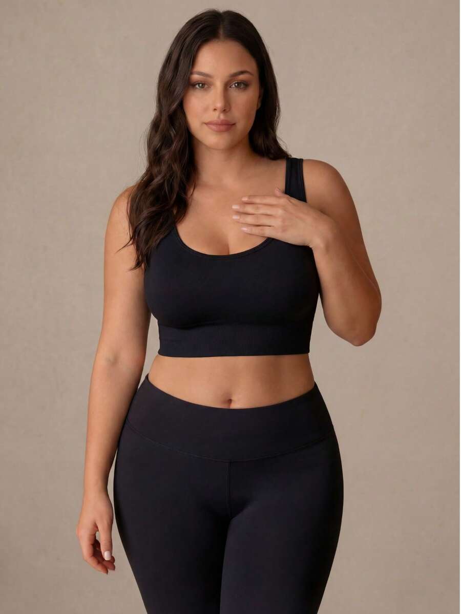 Eassivo Eassivo Sujetador deportivo de verano de unicolor minimalista con espalda cruzada para mujer de talla grande - Negro - Ver 1