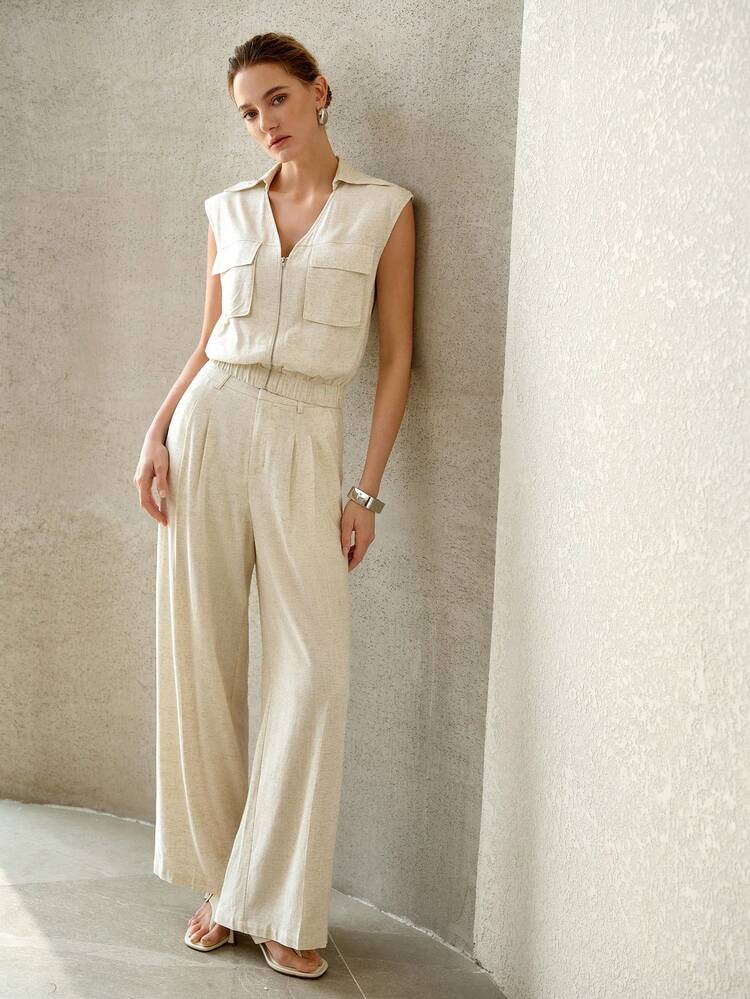 WOMEN'S SLEEVELESS LOOSE ZIP-UP ELASTIC WAIST UTILITY POCKETS HEM ELEGANT COMMUTER BLAZER