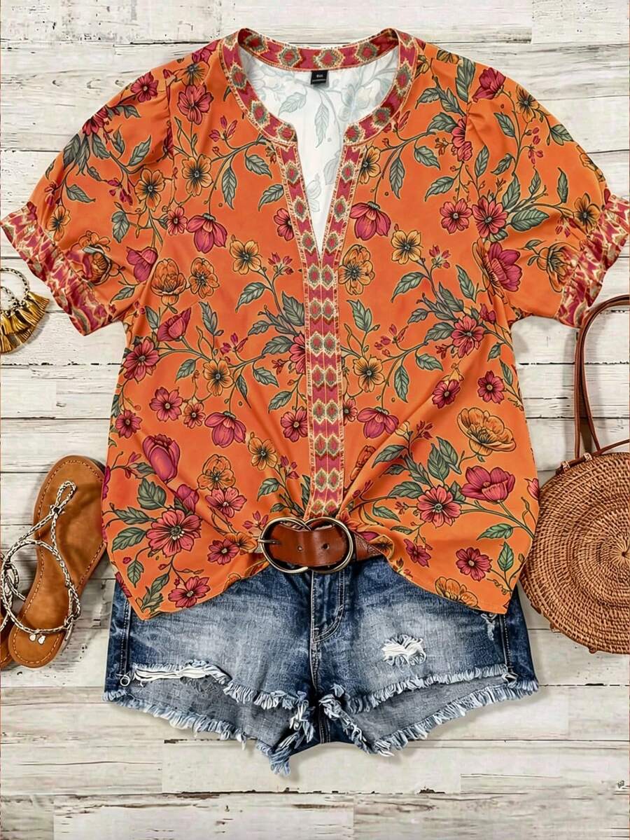Linhara Large-Sized Woven Printed Casual Summer Women's Shirt - Orange - View 1