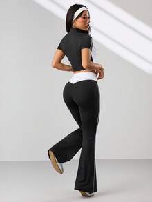 Dewbera Women's Black And White Summer Sexsy Gym Sports Yoga Suit,Short Sleeve Zip-Up Jacket,V-Shape Contrast Waistband Flared Leg Pants,Side Stripe Accent - Black - View 4