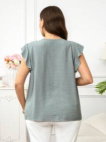 Reflora Plus Size Women's Sage Green Summer Boho Blouse, Textured Patchwork Ruffle Armhole Loose Top, Elegant Casual Vacation Holiday - Green - View 3