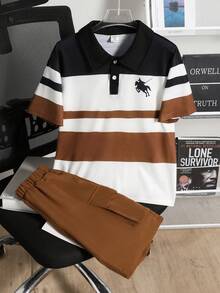 SHEIN Streecool Kids 两件套男童春夏短袖polo衫和休闲裤套装，时尚针织条纹动物纹印花，舒适宽松口袋，百搭户外服装 - 棕色 - 查看 3
