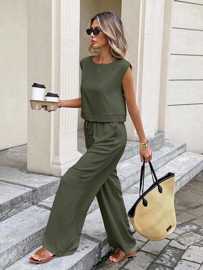 Serisse Women's Vacation Casual Solid Color Tank Top And Pants 2 Pieces Set,Vacation Outfits Women
